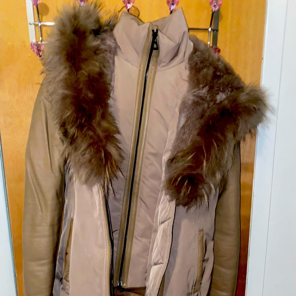 Rudsak winter coat with hood and leather sleeve